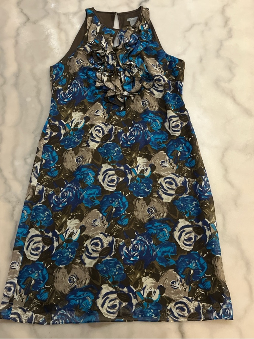 Ann Taylor Blue, Gray & White Floral Ruffle Halter Dress